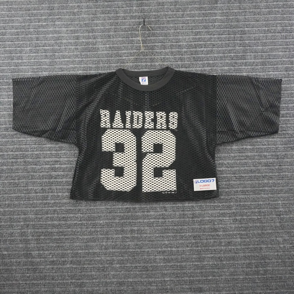 Vintage 90s Logo 7 Raiders Jersey Youth XL Cropped Black Mesh 32 Short Sleeve